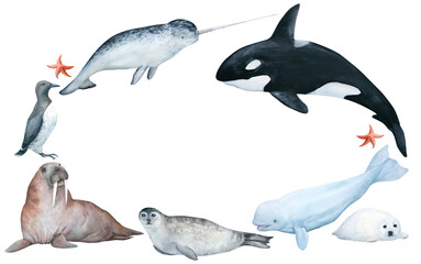 Watercolor illustration of wreath with arctic sea animals isolated on white background