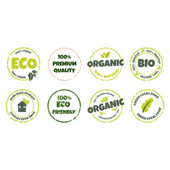 Obraz premium Set of eco, bio, organic and natural products sticker, logo, label, badge, icon. Vector illustration of textured grunge circle stamp, healthy food symbol, design element