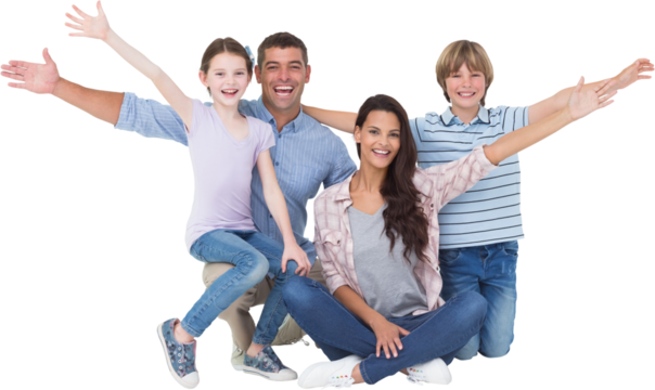 Happy family with arms outstretched over white background