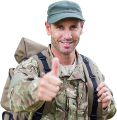 Portrait of smiling army man with thumbs up