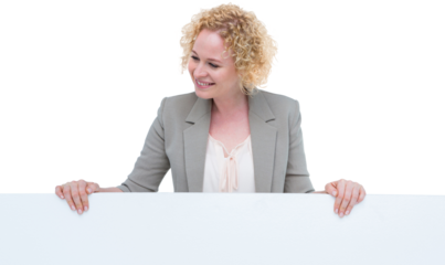 Happy woman holding blank sign