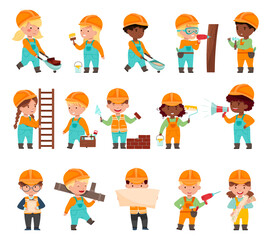 Little Builders Wearing Hard Hat with Construction Tools Executing Work Big Vector Set