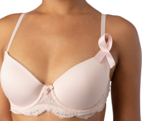 Woman in white bra with pink ribbon against white background