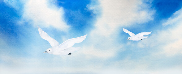 watercolor illustration of landscape, blue sky with white clouds and white seagull