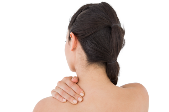 Brunette touching her painful neck