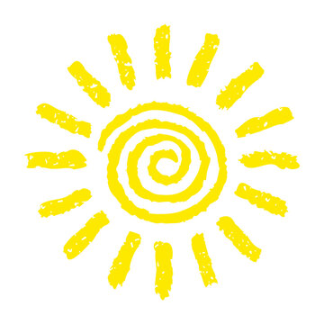 Hand painted sun symbol, hand drawn with crayon, isolated on white background. Vector illustration
