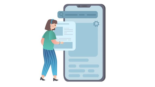 Woman Developing User Interface For Application On A Large Smartphone. Mobile App Development Process. 2D Flat Animation.