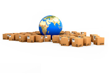 Composite image of boxes and globe