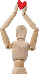 Wooden three dimensional figurine holdingred heart on top