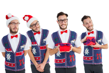 Multiple image of man in vest and holding gifts during christmas