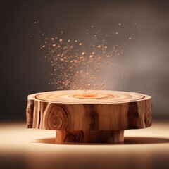 Flying Wood slice podium on beige background for cosmetic product mockup,35mm lens