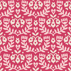 Folk pattern with flowers, berries and hearts for print design. Traditional Scandinavian ornament. Vector ethnic background in boho style for textile, fabrics and any surface design.