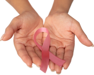 Two hands displaying pink ribbon for breast cancer awareness against white background