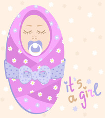 It's a girl. Newborn baby in pink blanket with pacifier.