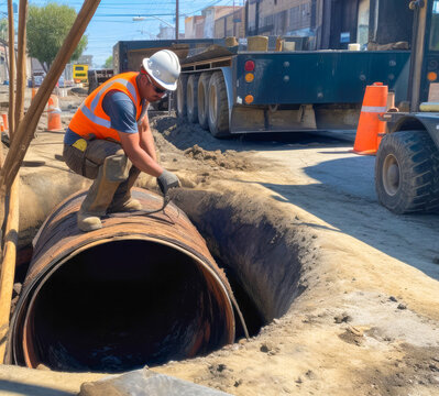 Pipeline construction, worker placing pipes in the ditch with construction equipment in the background. High quality generative ai