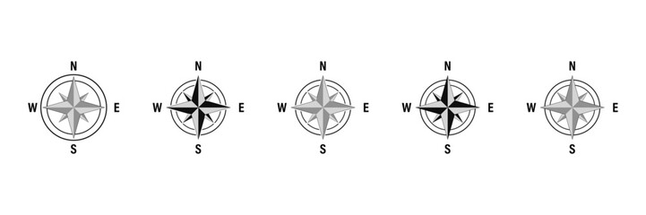 Сompass, nautical navigation, marine travel and adventure. Windrose star with north, south, west and east cardinal direction arrows, ancient compass.