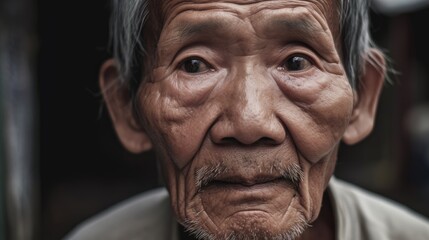 The wrinkled face reflects years of hardship and perseverance