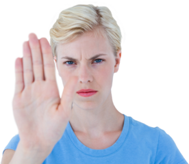 Portrait of stern woman gesturing