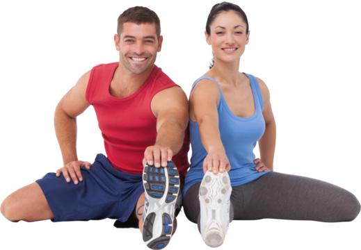 Fit man and woman stretching legs
