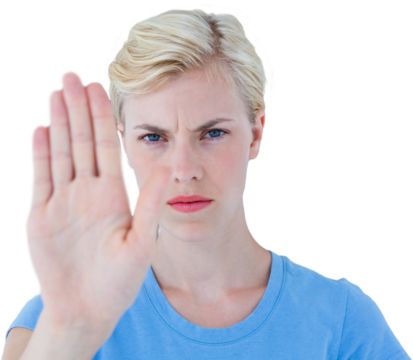 Portrait of stern woman gesturing