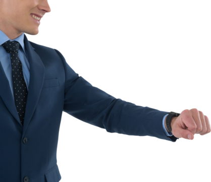 Mid section of smiling businessman with smart watch