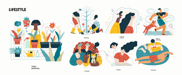 Lifestyle series set - modern flat vector illustrations of people living their lives and engaging in a hobby. People society activities methapors and hobbies concept