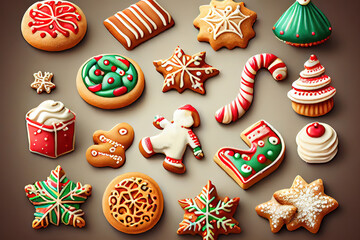 Fototapeta na wymiar Variety of Christmas cookies and sweets. Generative Ai