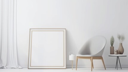 Blank frame mockup in modern interior design with trendy vase and chair on empty white wall background, Horizontal template for painting, photo or poster. Artwork mock-up, ai