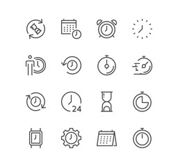 Set of time related icons, timer, speed, alarm, restore, time management, calendar and linear variety symbols.	
