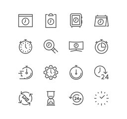 Set of time related icons, timer, speed, alarm, restore, time management, calendar and linear variety symbols.	
