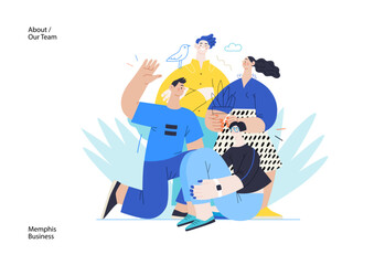 Memphis business illustration - our team, header. Flat style modern outlined vector concept illustration. Group of people, creaw, standing together. Corporate teamwork business metaphor.