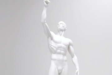 white manikin strikes a triumphant pose with an uplifted hand, embodying the values of hard work, determination, and a positive attitude, celebrating success, generative AI