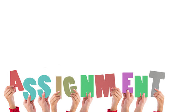 Cropped hands holding colorful word assignment 