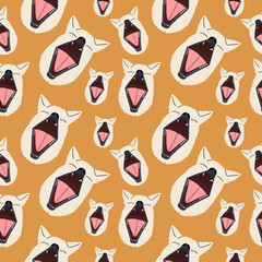 Seamless pattern with funny dog ​​head with open mouth. Vector illustration in hand drawn style