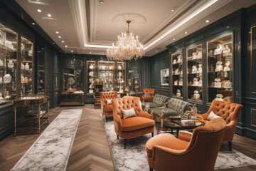 Retail store that exudes luxury and elegance, with high-end products on display, and opulent furnishings created with AI
