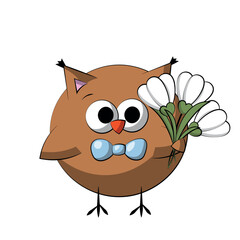 Cute cartoon Owl with snowdrop in color