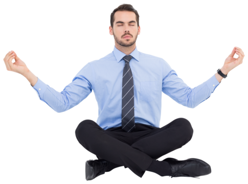 Calm businessman sitting in lotus pose