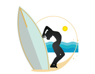 illustration of a surfer woman with surfboard, logo design