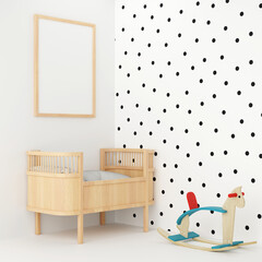 3D Rendering Wood Bassinet With White Polka Dot Wallpaper And Wh
