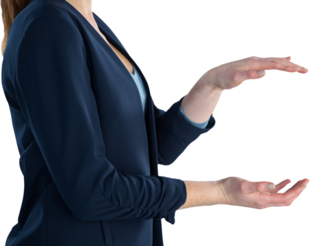 Side view of businesswoman holding imaginary product - Powered by Adobe