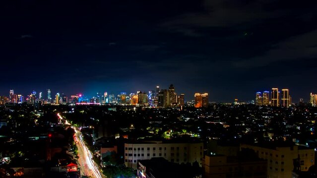 Timelapse of Jakarta city panorama at night. Indonesia.