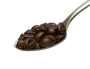 a spoon with roasted coffee grains on a transparent background