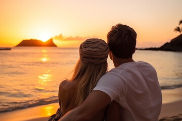 Jeune couple au bord d'une plage paradisiaque admirant un  coucher de soleil. Soirée d'été. Amoureux. - obrazy, fototapety, plakaty