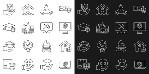 Set line Insurance online, House with shield, Car insurance, accident, Graduation cap, Shield hand and Umbrella icon. Vector
