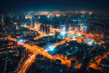 Obraz premium Modern city with wireless network connection concept, nighttime panorama with visualization of connections. High quality generative ai