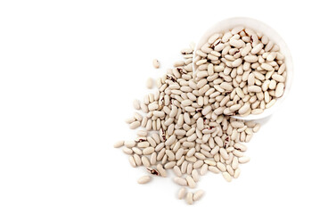 Bean grains poured out of a plate on a white background. Bean isolate with blank space for inscription