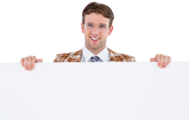 Geeky hipster smiling and showing card