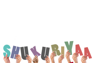 Colorful alphabet spelling thank you in Hindi held up by people