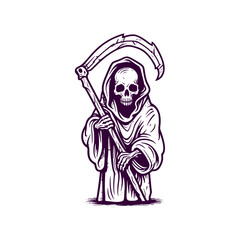 Cute reaper holding scythe illustration. Woodcut engraving style hand drawn vector illustration. Optimized vector.	

