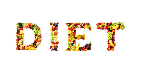 Word Diet made of letters filled with fruits and veggies on white backgroundt. Healthy life style concept. AI generative